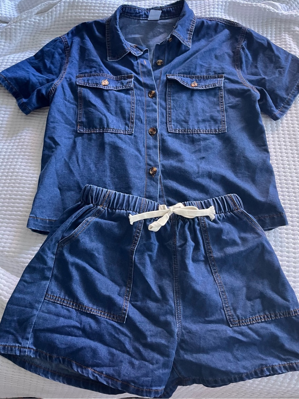 Women’s Denim Top and Shorts in Blue - Lightweight Drawstring Shorts
